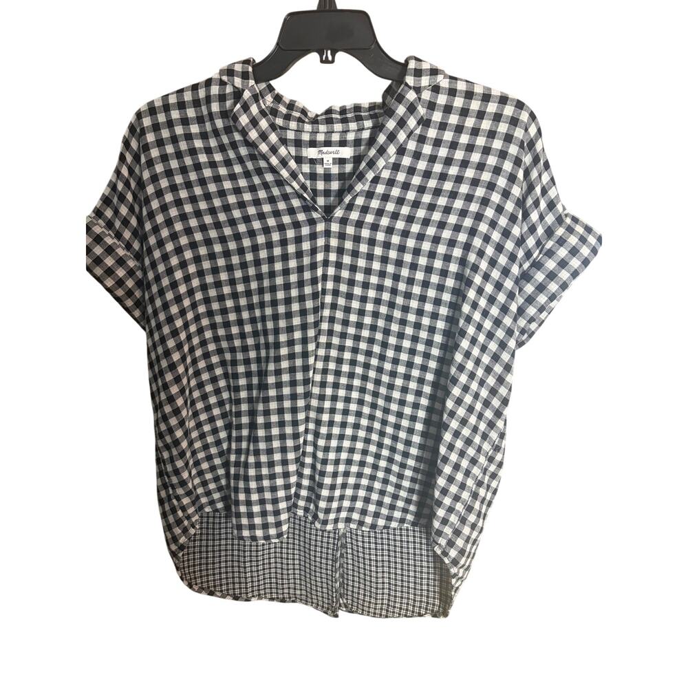 Madewell Black White Gingham Popover Buffalo Check Short Sleeve Blouse M boxy